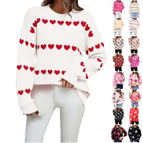 Heart Sweater for Women Valentines Day Cute Love Print Casual Crewneck Long Sleeve Pullover Knitted Sweaters Tops L M S XL | Amazon (US)