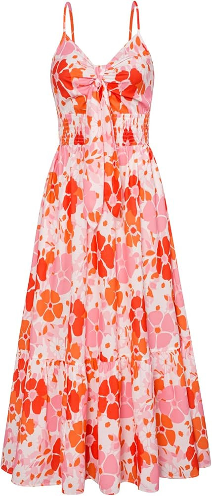 GRACE KARIN Women's 2024 Summer Beach Dress Floral V Neck Tie Front Spaghetti Strap Flowy Long Dr... | Amazon (US)