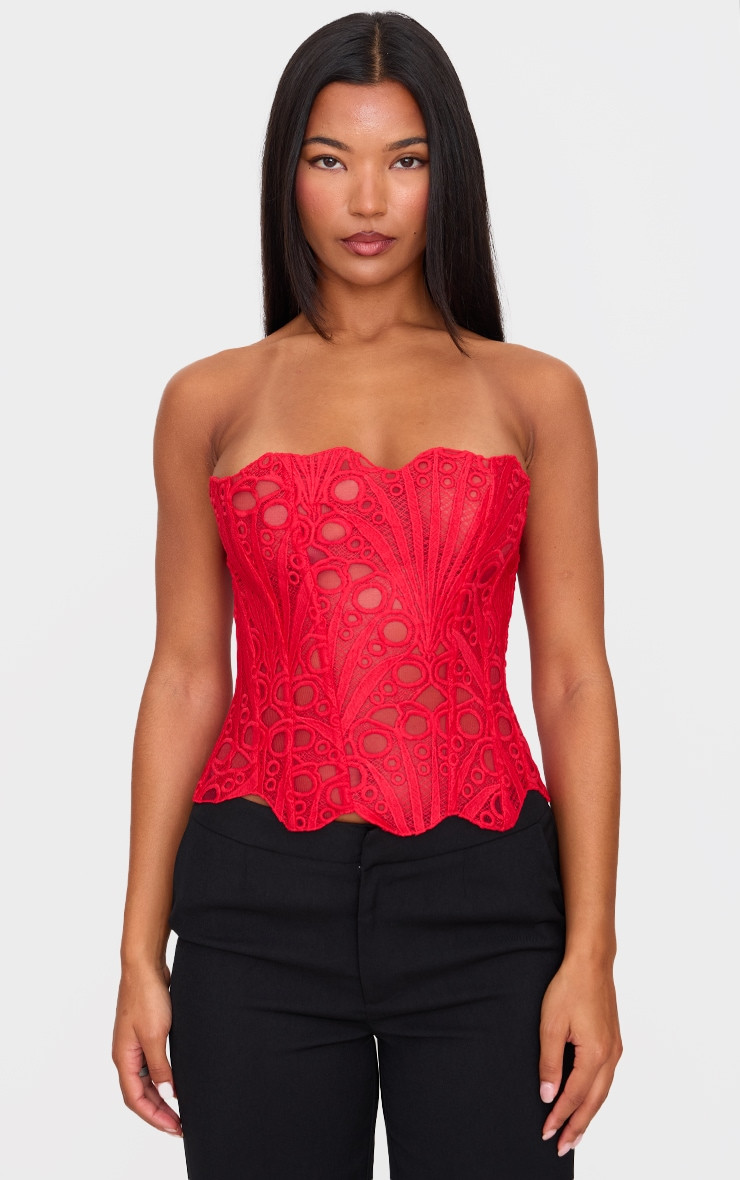 Red Textured Sheer Floral Lace Corset | PrettyLittleThing UK