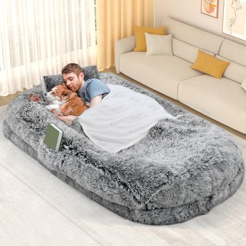 YITAHOME Human Dog Bed, 79"x43" Extra Large Memory Foam Dog Beds for Adults and Pets with Blanket and Pillow, Washable Fur Cover, Grey | Amazon (US)