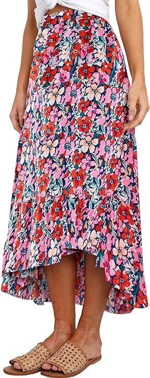 SimpleFun Women's Long Skirts Boho Floral Elastic High Waist Asymmetrical Hem Midi Skirt | Amazon (US)