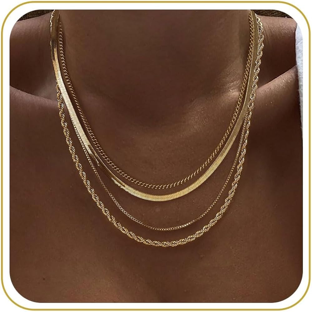 Tewiky Layered Necklaces for Women Non Tarnish- Chunky 14k Gold Plated Herringbone/Snake/Rope/Box... | Amazon (US)