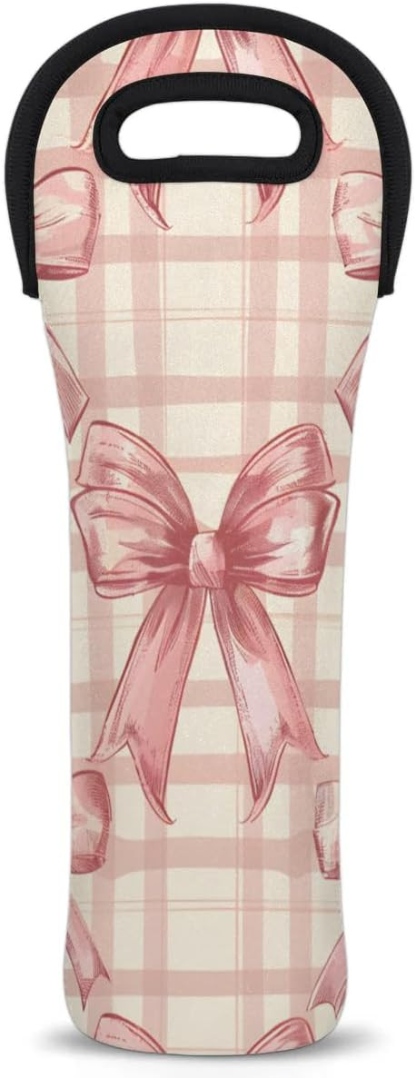1-Bottle Wine Bag Neoprene Wine Bottle Carry Tote Checkered Bow | Amazon (US)