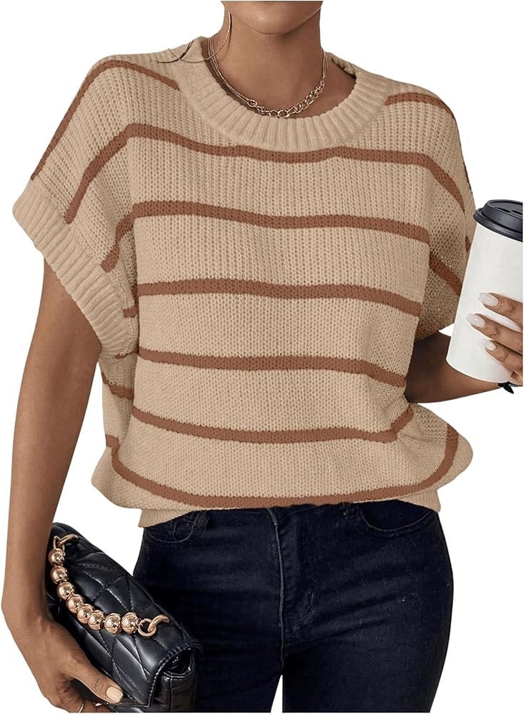 GORGLITTER Women's Striped Sweater Vest Short Cap Sleeve Crew Neck Knit Vest Top | Amazon (US)