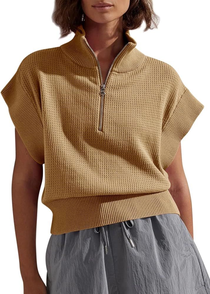 Langwyqu Womens Short Sleeve Cropped Knit Tops Half Zip Cap Sleeve Lightweight Oversized Sweater Vest | Amazon (US)