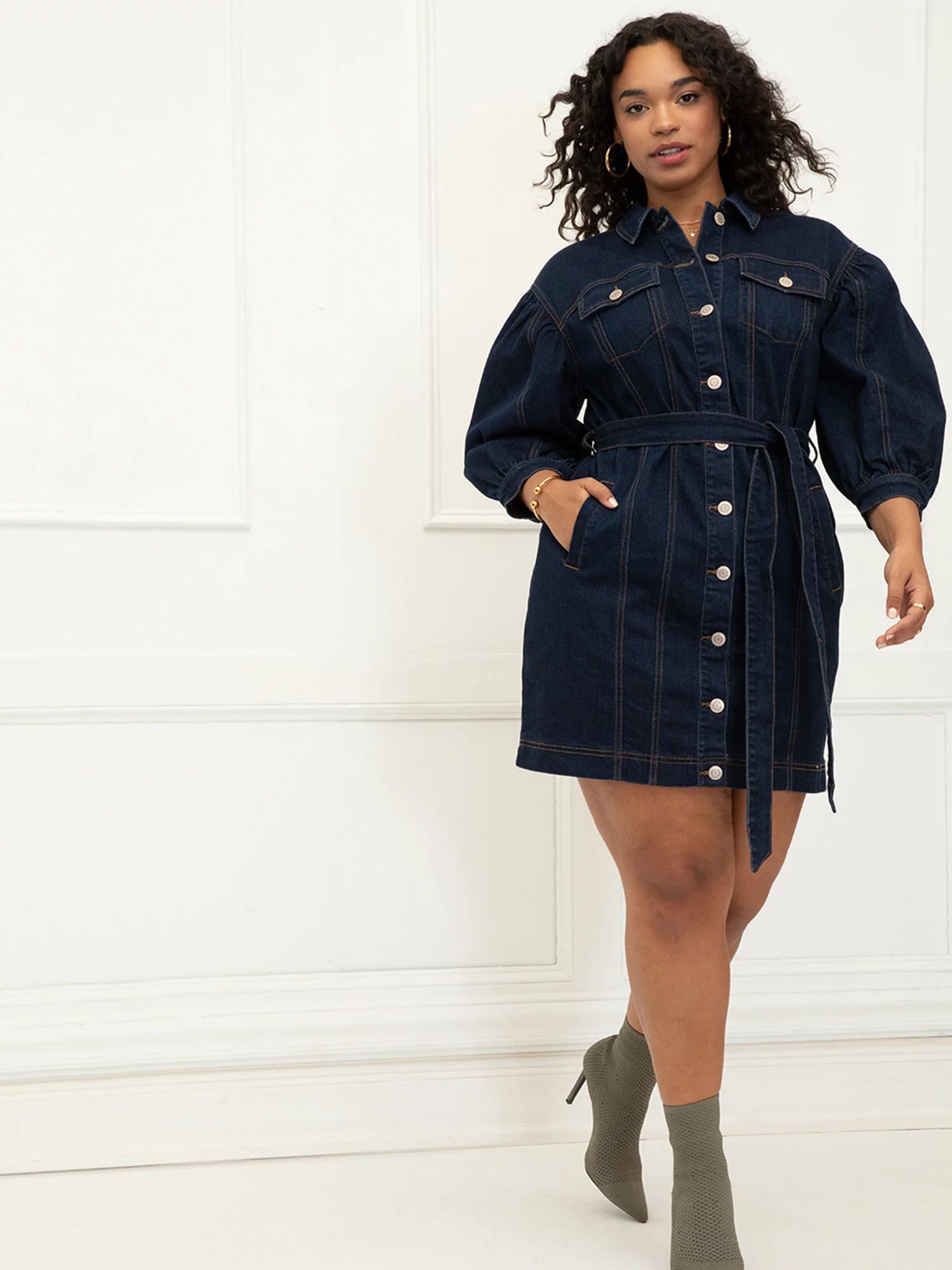 ELOQUII Elements Women's Plus Size Puff Sleeve Denim Jacket Dress - Walmart.com | Walmart (US)