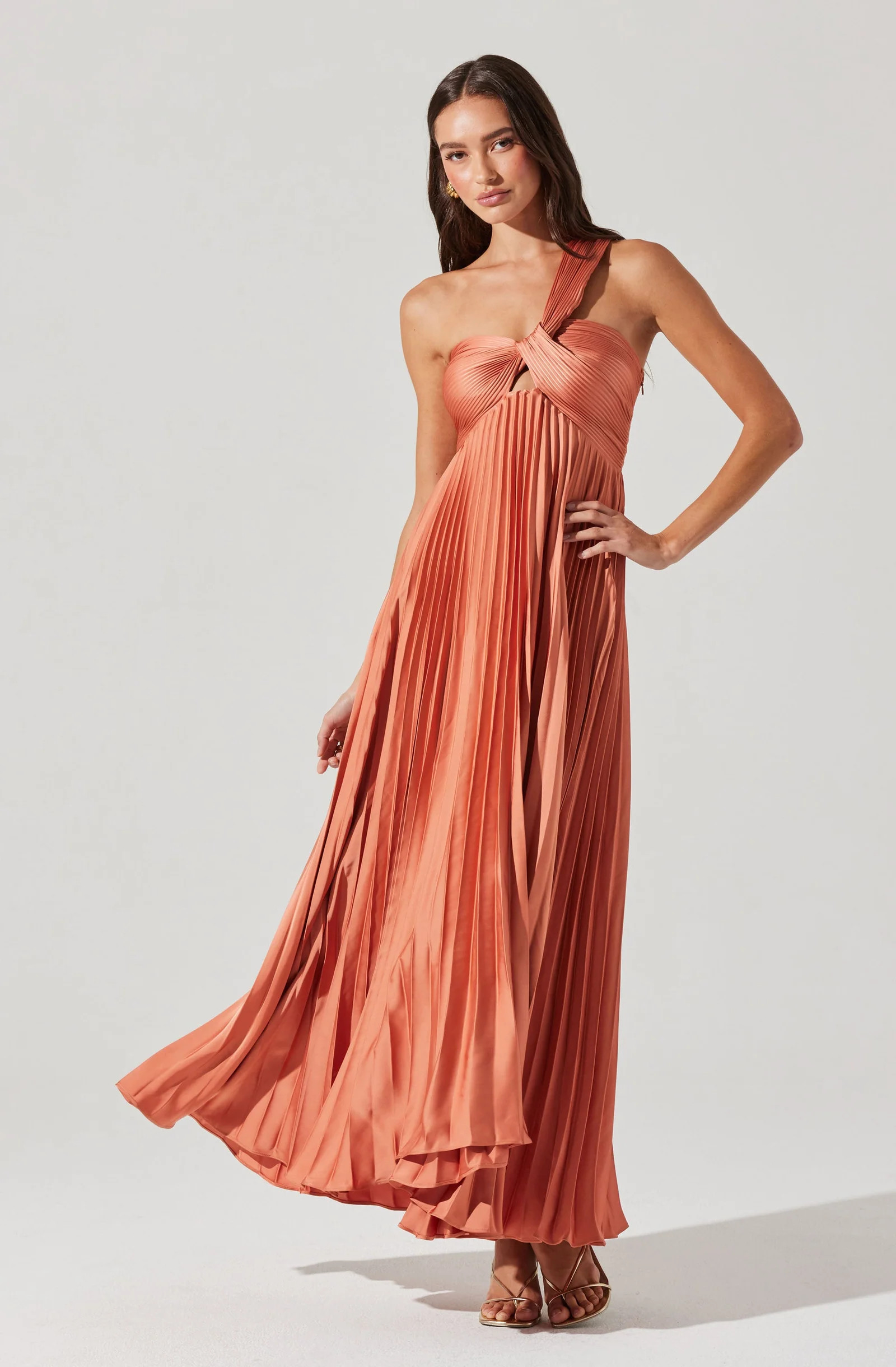 Rasya One-Shoulder Pleated Maxi Dress - Coral / XS | ASTR The Label (US)