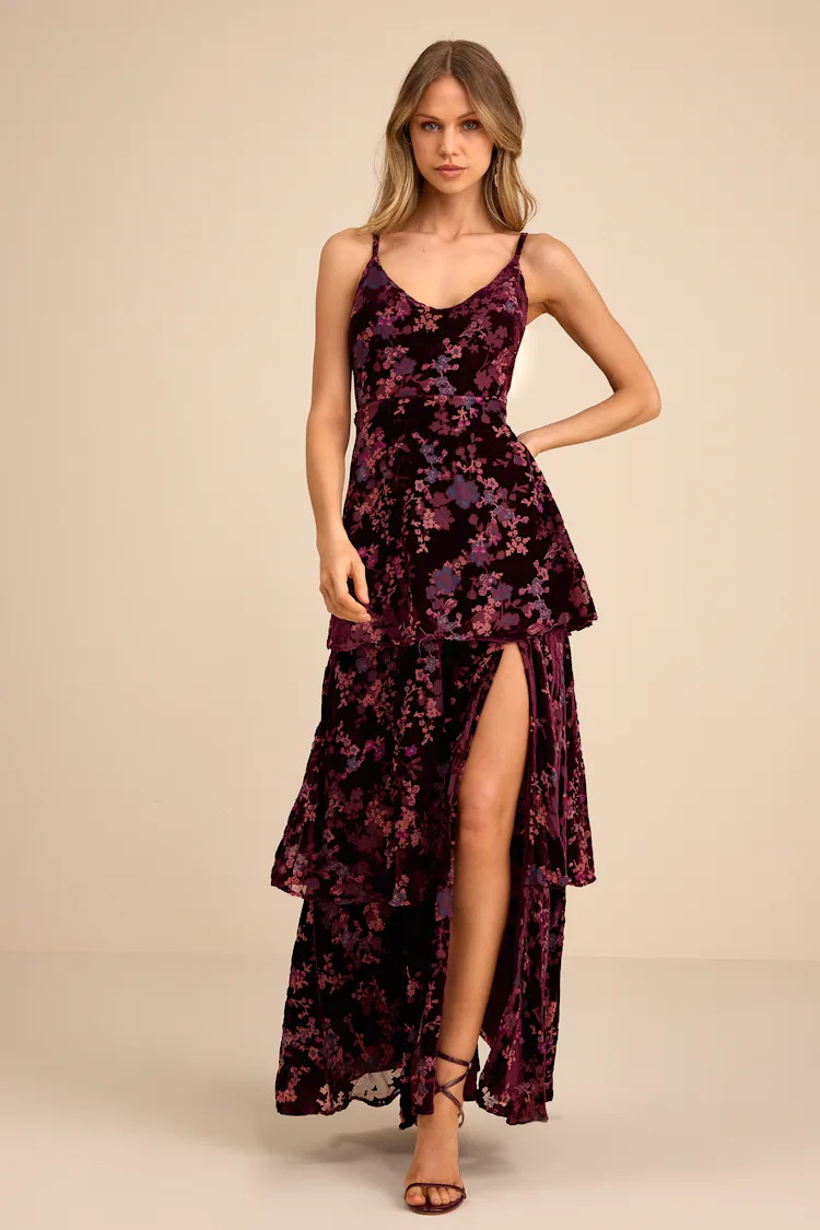 I Love You Amore Plum Purple Floral Velvet Tiered Maxi Dress | Lulus