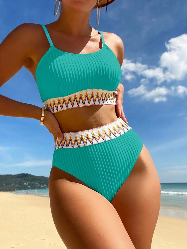 Chevron Tape Rib High Waisted Bikini Swimsuit | SHEIN