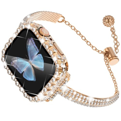 WINGLE Bling Band and Case for Apple Watch Bands 40mm Women Series SE 6 5 4, Dressy Diamond Bracelet Slim Fancy Band with 2 in 1 Waterproof Rhinestone Lace Edge Screen Protector Face Cover, Rose Gold | Amazon (US)