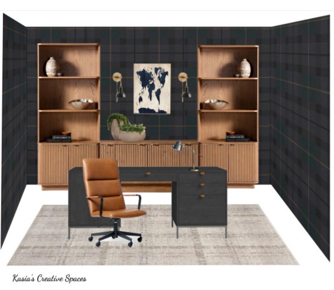 This MOODY OFFICE features dark plaid walls, warm wood built-ins, and a black desk paired with a caramel leather chair. Gold accents and layered textures create a refined yet cozy feel.

#LTKStyleTip #LTKSaleAlert #LTKHome