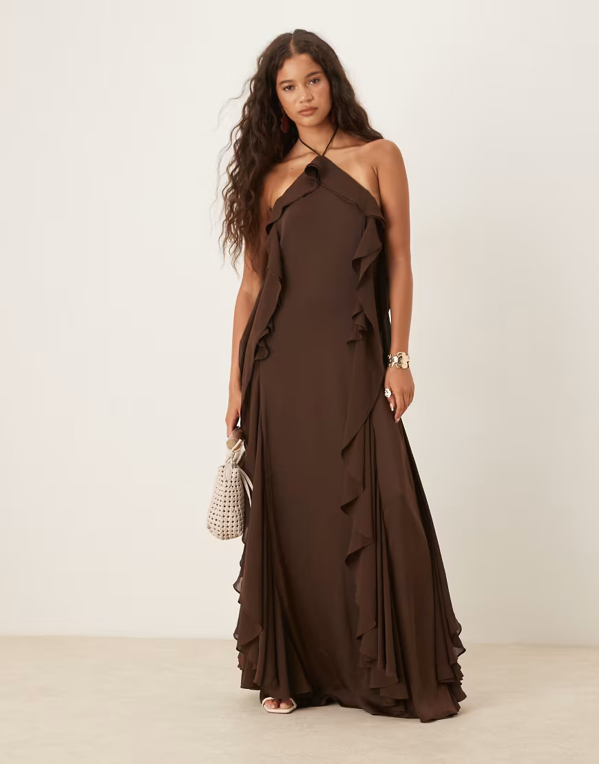 Six Stories exclusive halter ruffle maxi dress in chocolate-Brown | ASOS (Global)