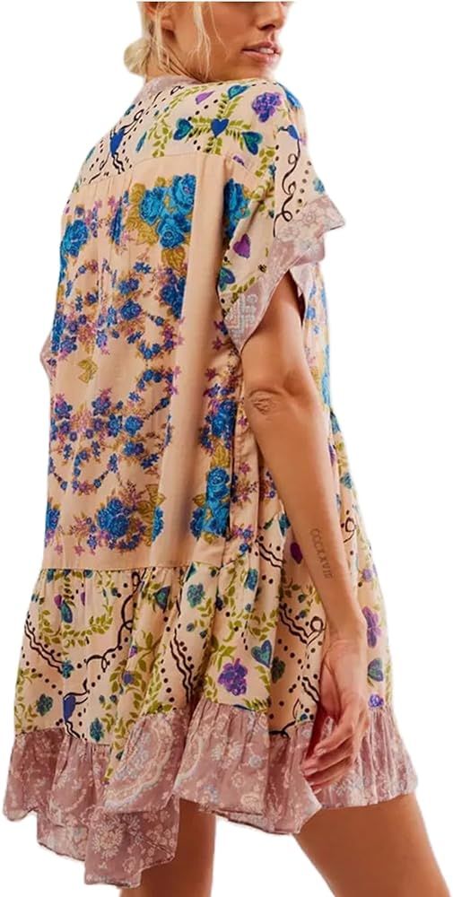 Women Boho Summer Dresses Y2K Babydoll Flowy Dress Ruffle Mini Dress Deep V-Neck Casual Floral Su... | Amazon (US)