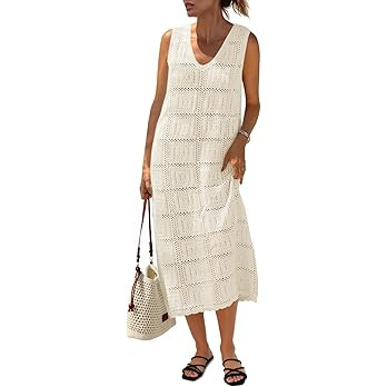 Fisoew Womens Crochet Sleeveless Dress Casual Summer V Neck Boho Knit Cover Up Beach Vacation Mid... | Amazon (US)