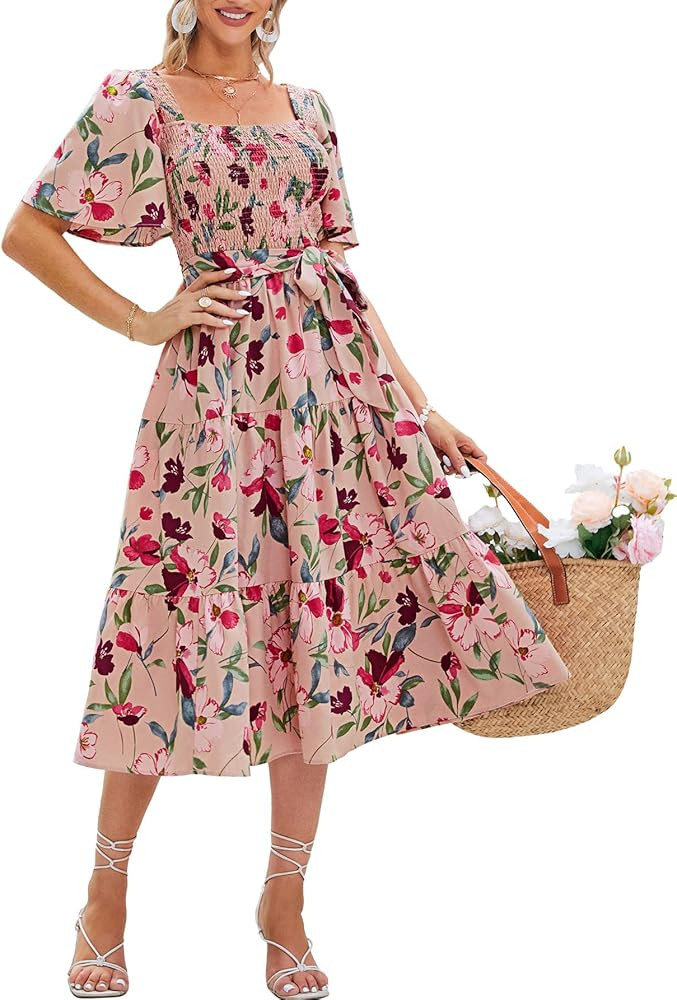 Amegoya Women's Boho Flowy Long Sleeve Square Neck Floral Midi Dress Smocked Spring Fall Wedding ... | Amazon (US)