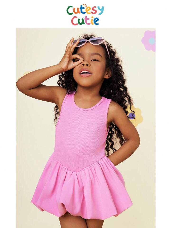 SHEIN CutesyCutie Young Girl Solid Color Knit Round Neck Patchwork Woven Fitted Dress | SHEIN