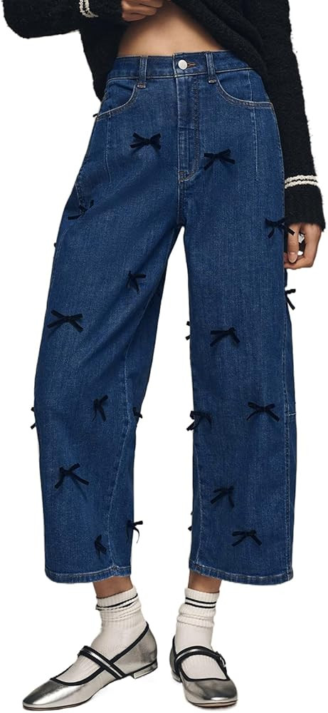 Kedera Mid Rise Barrel Jeans for Women Y2K Wide Leg Denim Pants Baggy Boyfriend Jeans with Bows | Amazon (US)