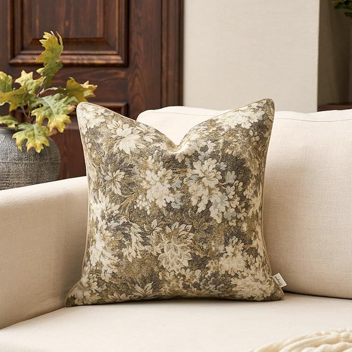 Yangest Neutral Floral Pillow Cover 24 x 24 Inches, Vintage Chenille Square Throw Pillow Cover So... | Amazon (US)