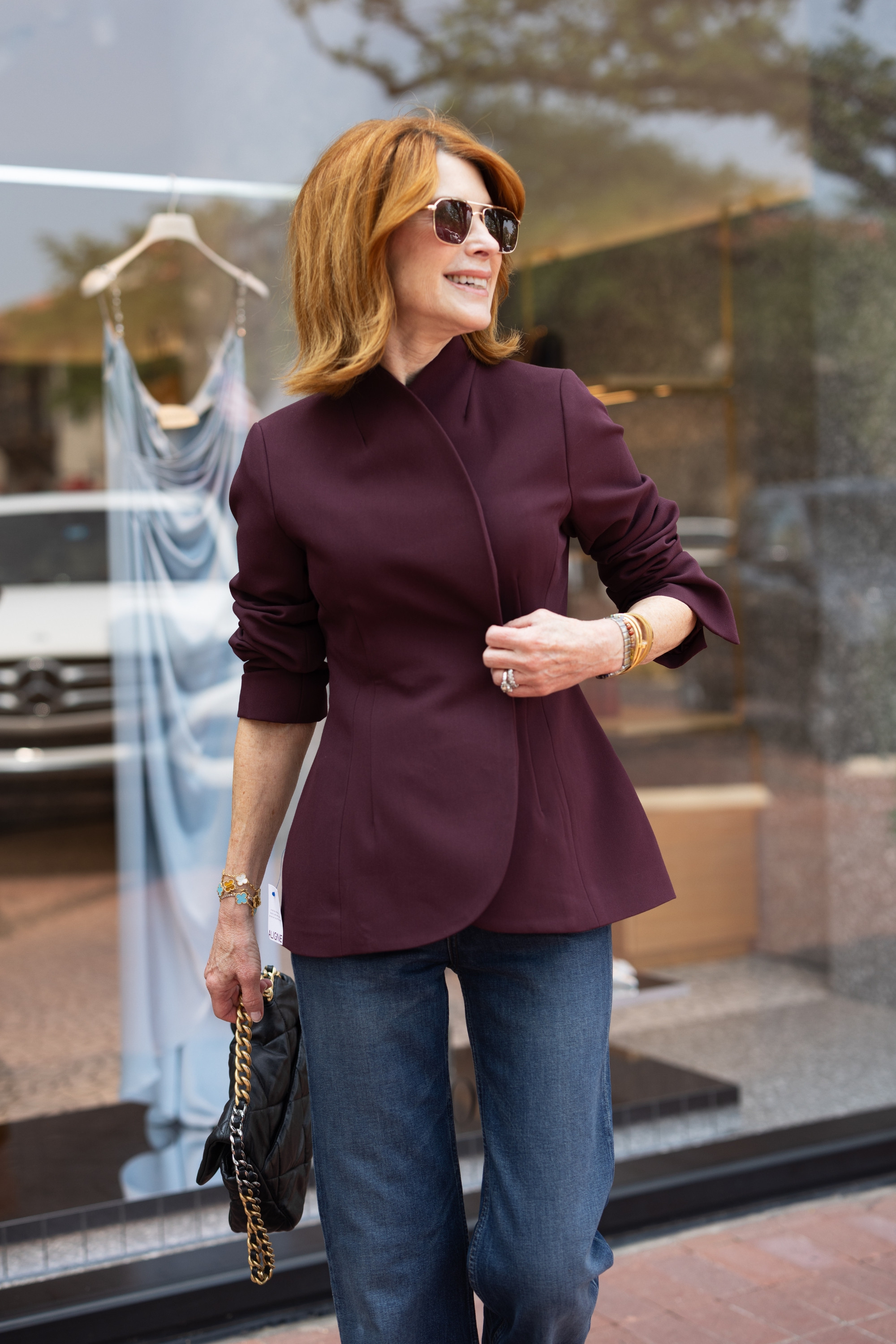 This plum blazer instantly elevates simple denim and makes the whole look feel so chic for fall. Add leopard sandals and a classic black bag for an easy date night outfit or polished work outfit. Size note: I would suggest going up a size in this blazer. #LTKOver40 #FallOutfits #DateNightOutfits #WorkOutfits #FashionOver40 

 