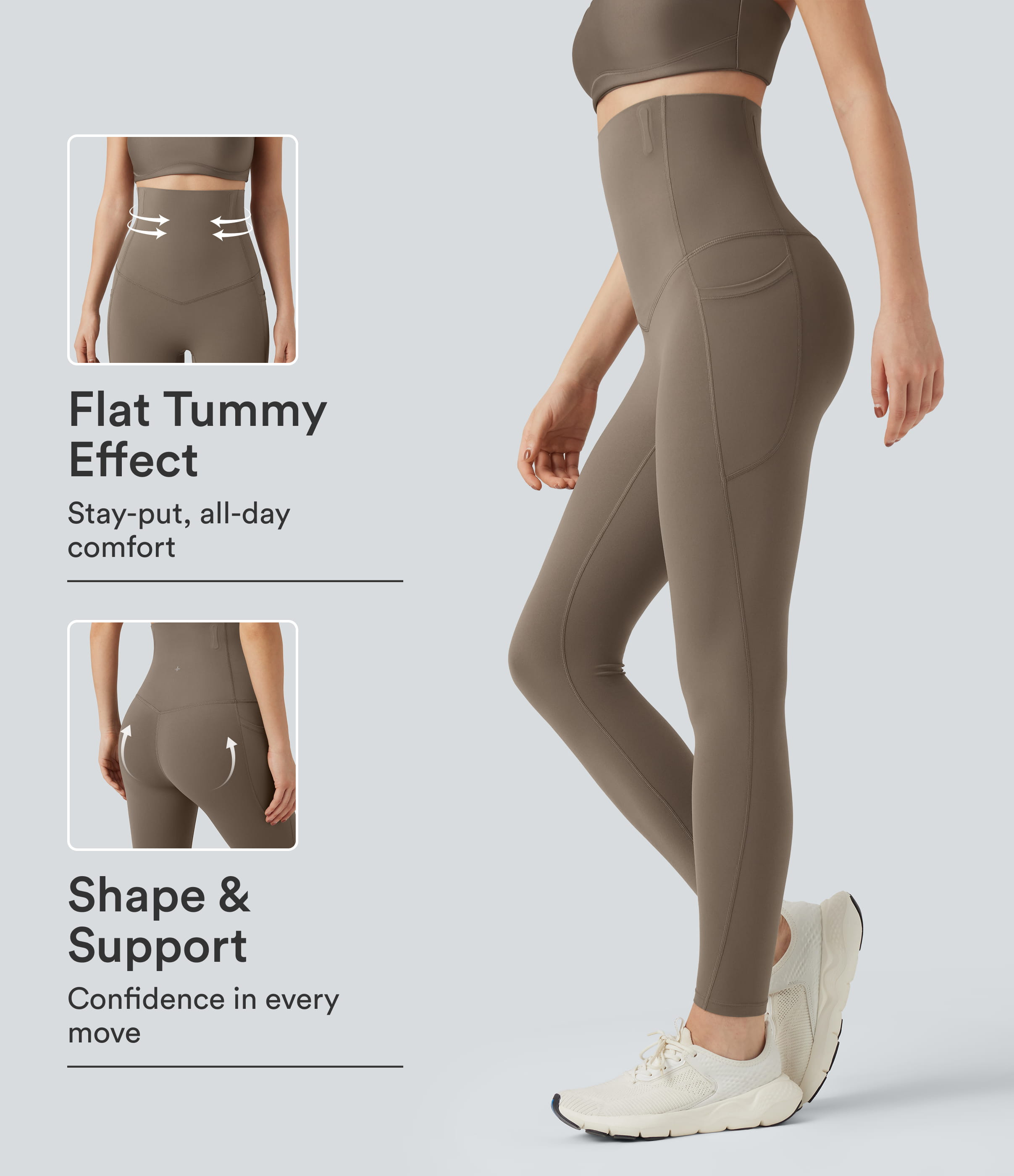 Halara Halara UltraSculpt™ Super High Waisted Tummy Control Fishbone Shaping Training Leggings with Pockets  - Dawn Brown - M(7/8) | HALARA