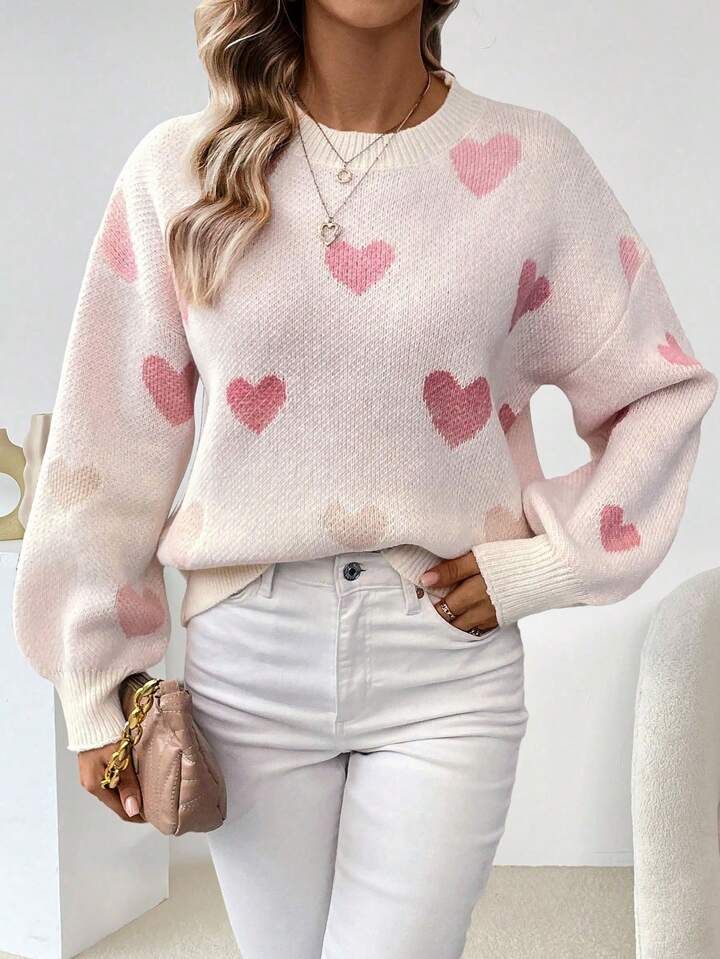 SHEIN LUNE Casual Women's Heart Pattern Sweater | SHEIN