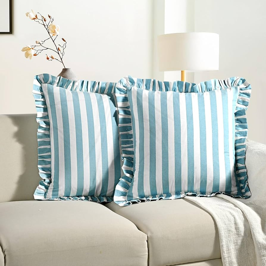 CPC Blue Striped Hand Block Print Cotton Ruffle Decorative Throw Covers with Hidden Zipper 18" x ... | Amazon (US)