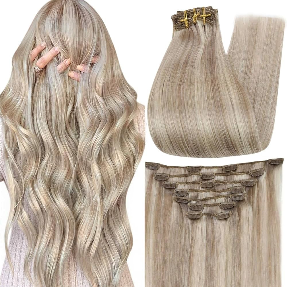 Full Shine Blonde Clip in Human Hair Extensions Highlights Remy Clip in Hair Extensions Double We... | Amazon (US)
