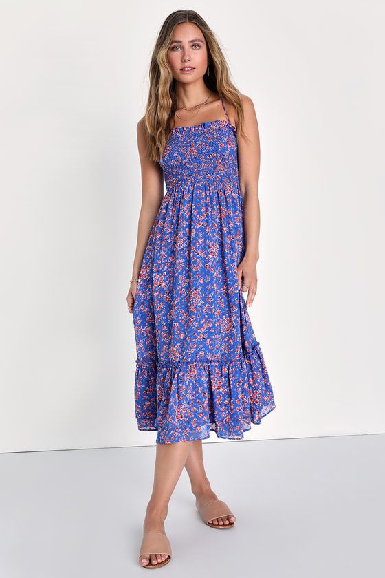Precious Personality Blue Floral Smocked Backless Midi Dress | Lulus (US)