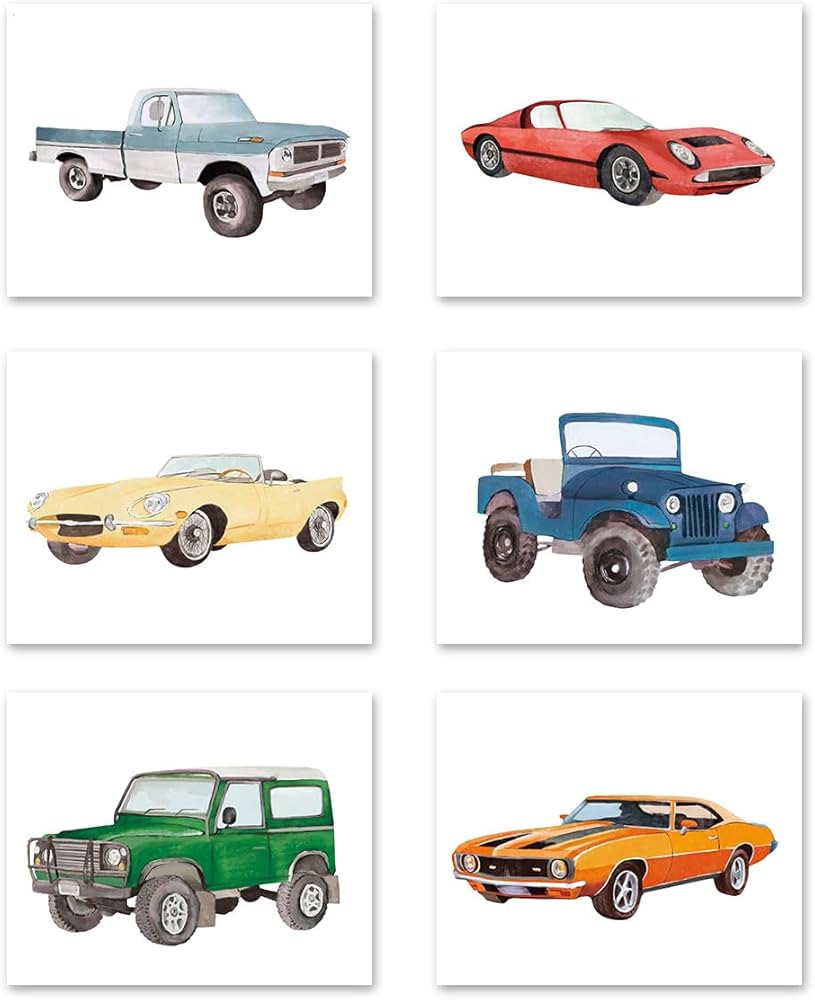 XUOIAYNB Watercolor Classic Car Art Prints- Retro Racecar Off-Road Vehicle Canvas Wall Art (8"x10... | Amazon (US)