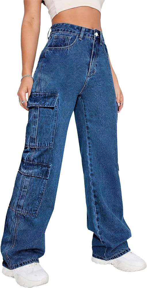Women's High Waist Cargo Jeans Flap Pocket Baggy Cargo Pants Y2K Wide Leg Denim Jeans Y2K Streetw... | Amazon (US)