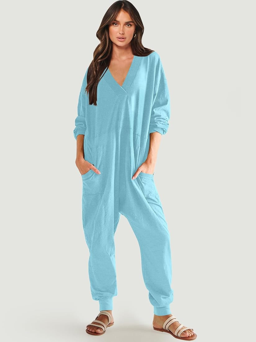 ANRABESS Women's Casual Loose Jumpsuits Long Sleeve V Neck Oversized Rompers Baggy Overalls Loung... | Amazon (US)