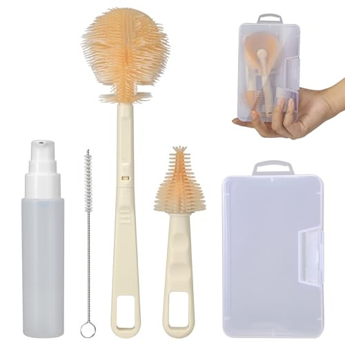 Baby Bottle Brush, VOOWO Portable Travel Bottle Cleaner Kit, Silicone Baby Bottle Cleaner Brush Set with Baby Bottle Brush for Cleaning, Nipple Brush, Straw Cleaner, Bottle Soap Dispenser (White) | Amazon (US)