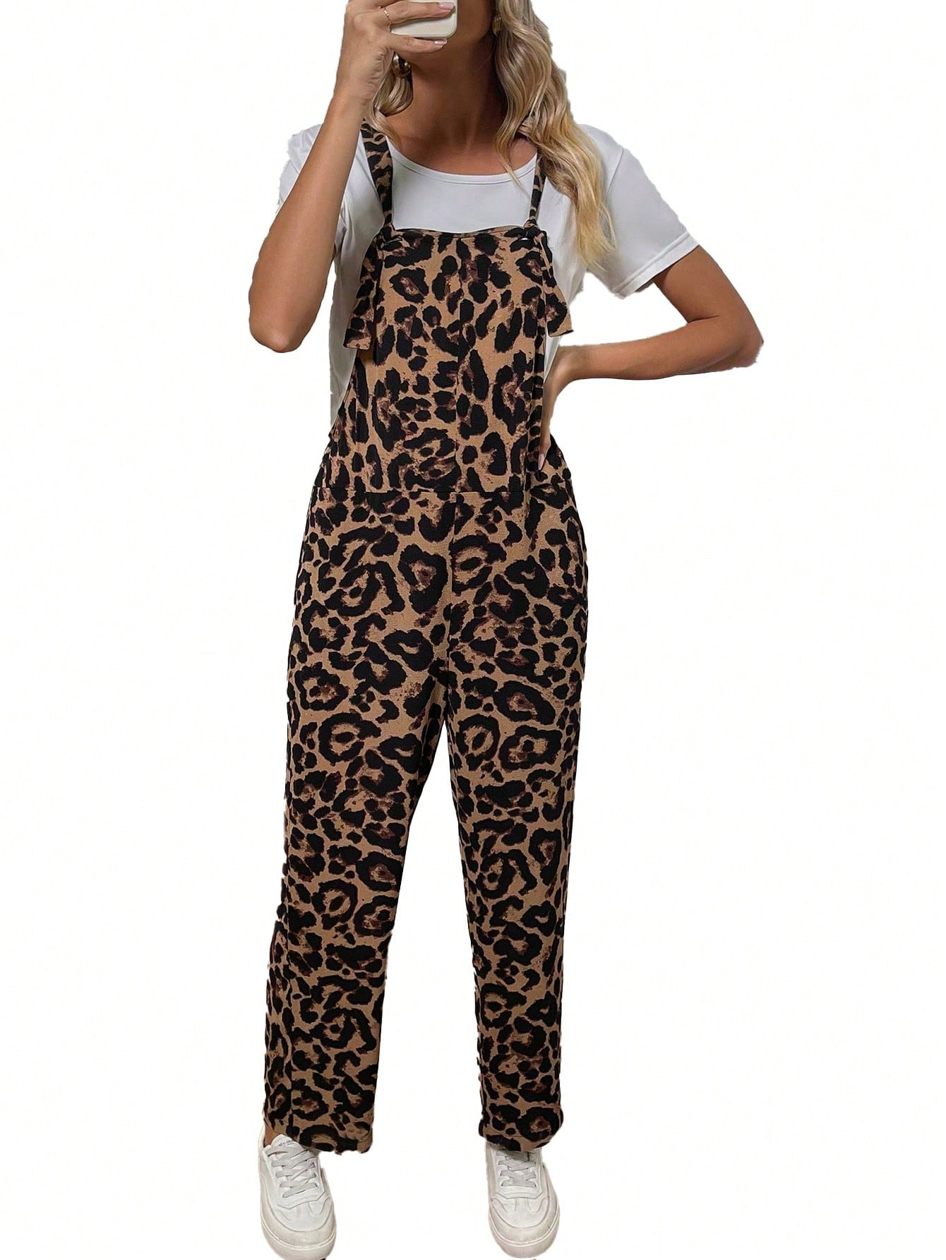 SHEIN LUNE Leopard Print Slant Pocket Overall Jumpsuit Without Tee | SHEIN