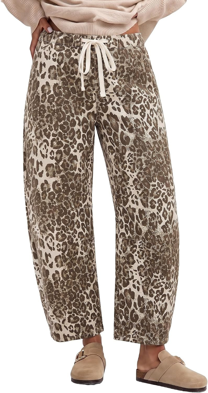 GRAPENT Barrel Jeans for Women Trendy High Waisted Pull On Wide Leg Cropped Leopard Cheetah Print Stretchy Denim Pants | Amazon (US)