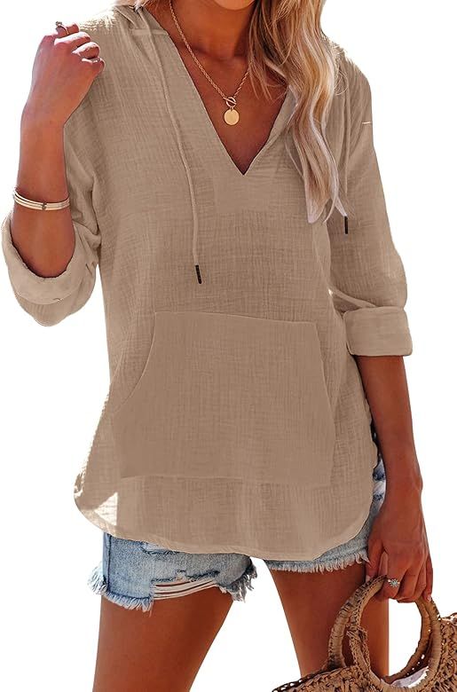 Ebifin Women's Beach Cover Up Shirt Long Sleeve V Neck Pocketed Hooded Top | Amazon (US)