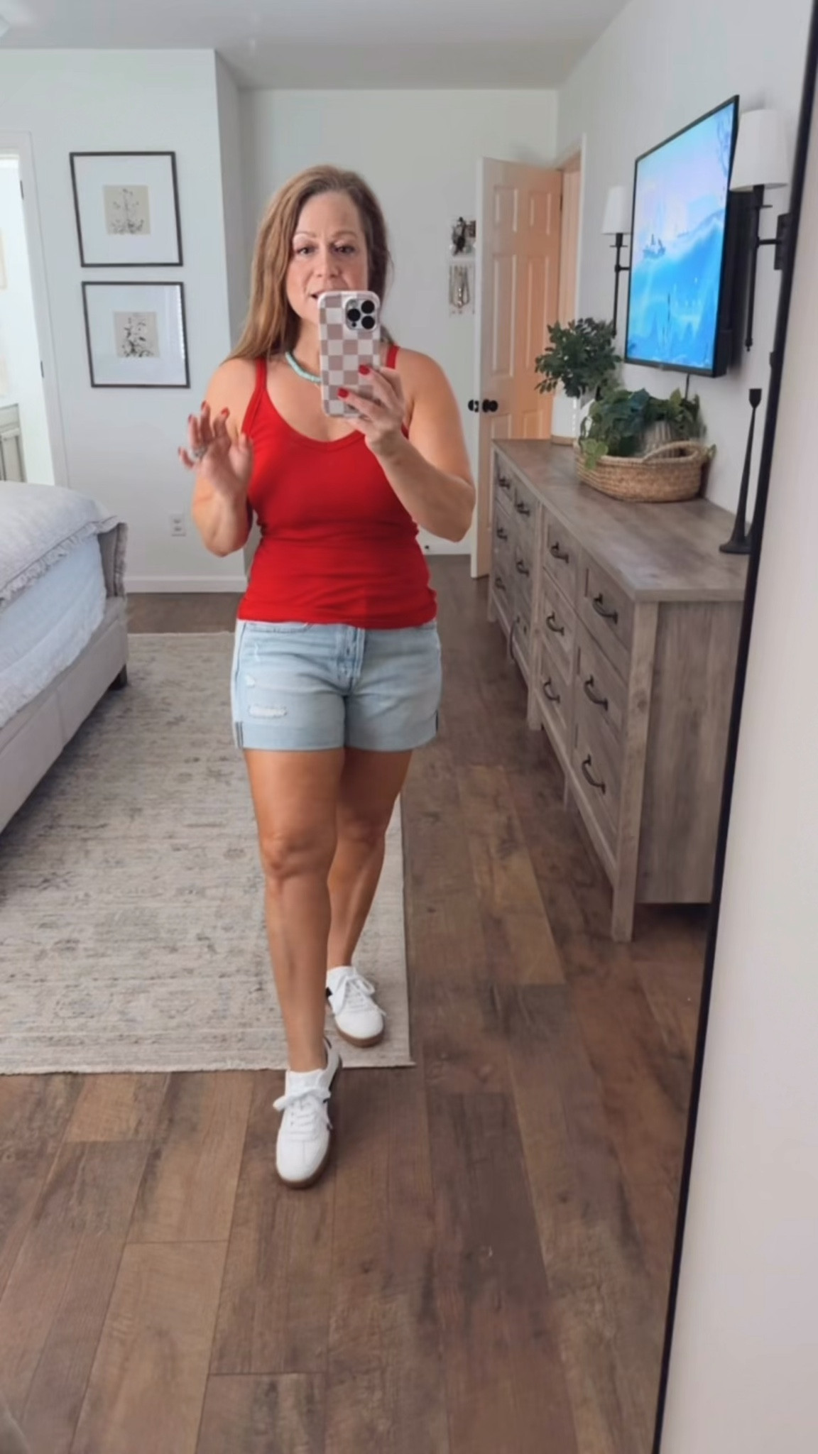 Summer outfit idea 
V neck tank 
Denim shorts sneakers
Layered necklaces 

#LTKootd #LTKPetite #LTKSaleAlert