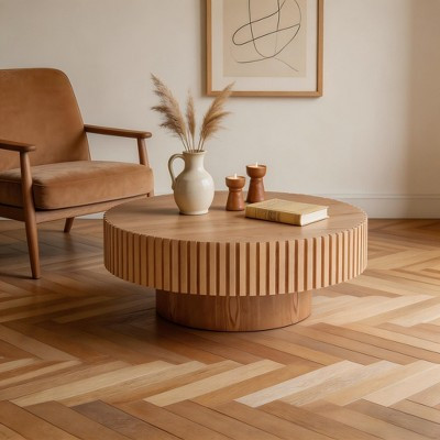JVNOXK 35.43'' Round Wood Coffee Table for Living Room, Modern Handcraft Drum Coffee Table, Circle Wooden Coffee Table for Small Space Apartment ASH | Target