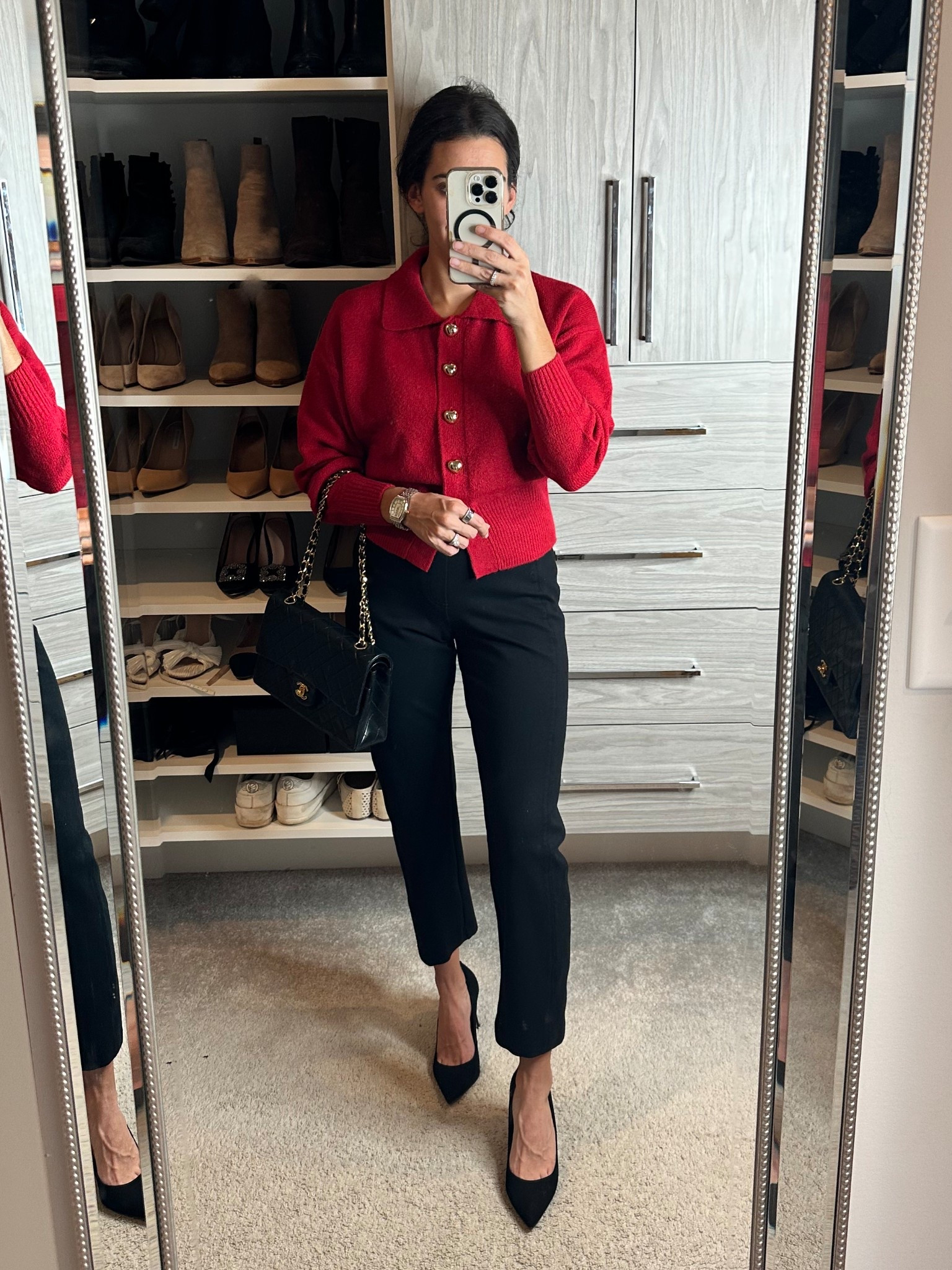 Winter workwear 
Red cardigan heart sweater 
Spanx black pants  
Holiday party outfit with pants 

#LTKWorkwear #LTKHoliday