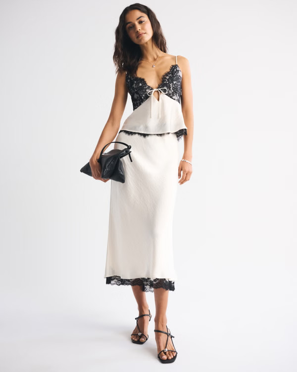 High Rise Satin Lace-Hem Midi Skirt | Abercrombie & Fitch (US)