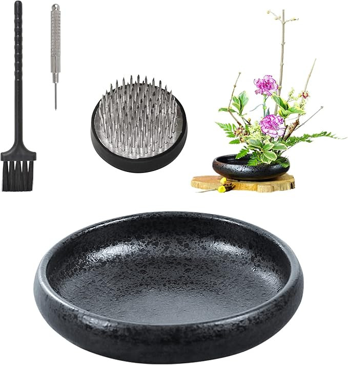 WANDIC Ikebana Flower Vase, Japanese Round Shallow Pottery Ikebana Vase Kit with 4cm Kenzan Flowe... | Amazon (US)
