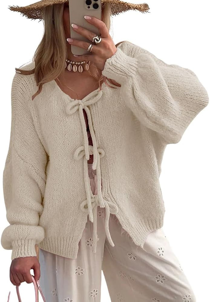 chouyatou Women's Cute Bow Knot Cardigan Fall Casual Oversized Ribbed Knit Sweater Cardigan Tops | Amazon (US)