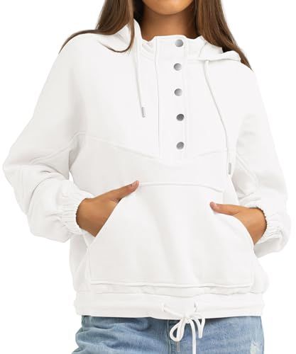 Fisoew Women's Hoodie Sweatshirts Long Sleeve Casual Fleece Half Button Drawstring Fall Pullover ... | Amazon (US)