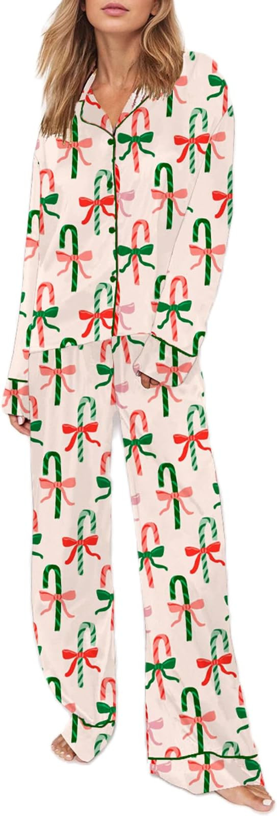 Womens Silk Satin Pajama Set Y2k Christmas Nutcracker Long Sleeve Shirt Tops and Wide Leg Pants S... | Amazon (US)