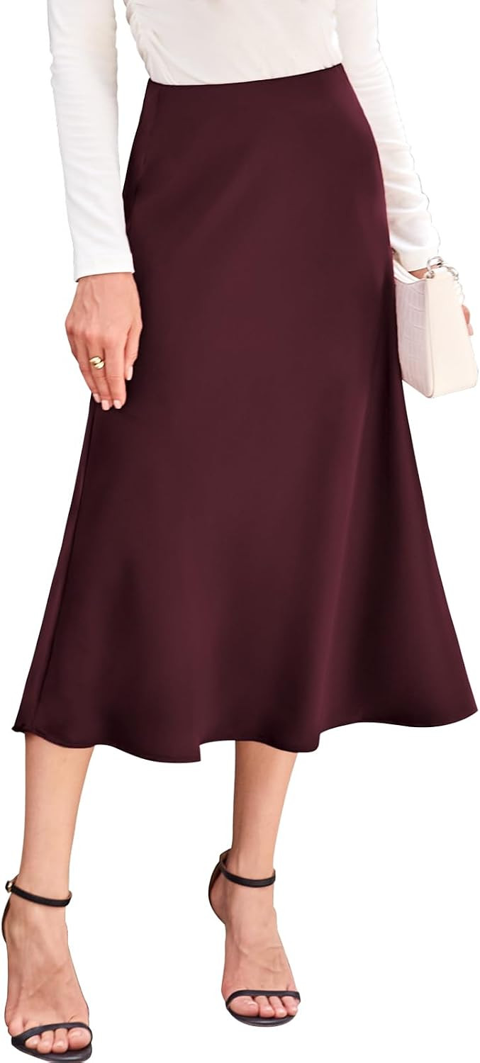 BAISHENGGT Women's High Waist Satin Midi Skirt, Elegant Summer | Amazon (US)