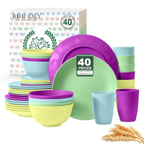 Homienly 40-Piece Kichen Dinnerware Set, Wheat Straw Dinnerware Set, Plates, Bowls, Drinking Cups, Service for 8, Dishwasher & Microwave Safe Dish Set, Unbreakable Plates and Bowls Set - Memphis | Amazon (US)