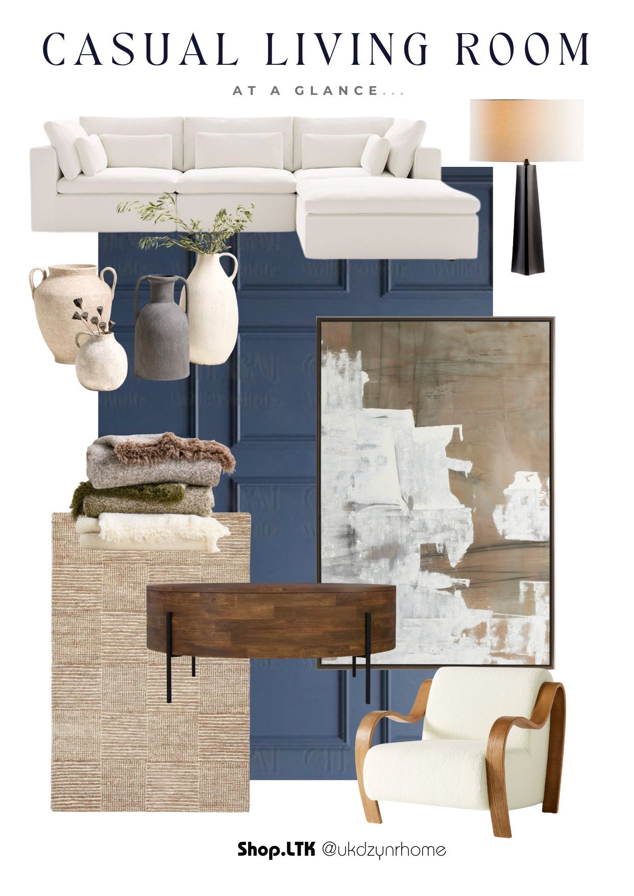 Casual Living Room at a Glance | Living Room Furniture | Modular Sofa | Coffee Table | Large Abstract Art | Accent Chair | Modern Table Lamps | Woven Rugs | Cozy Throws 

#LTKHome
