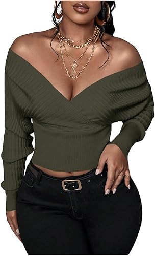 WDIRARA Women's Off The Shoulder Sweater Wrap Long Sleeve Pullover Knit Crop Top | Amazon (US)