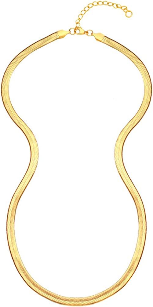 18k Real Gold Plated Flat Snake Chain Herringbone Choker Necklace for Women (5MM,16"-20") | Amazon (US)