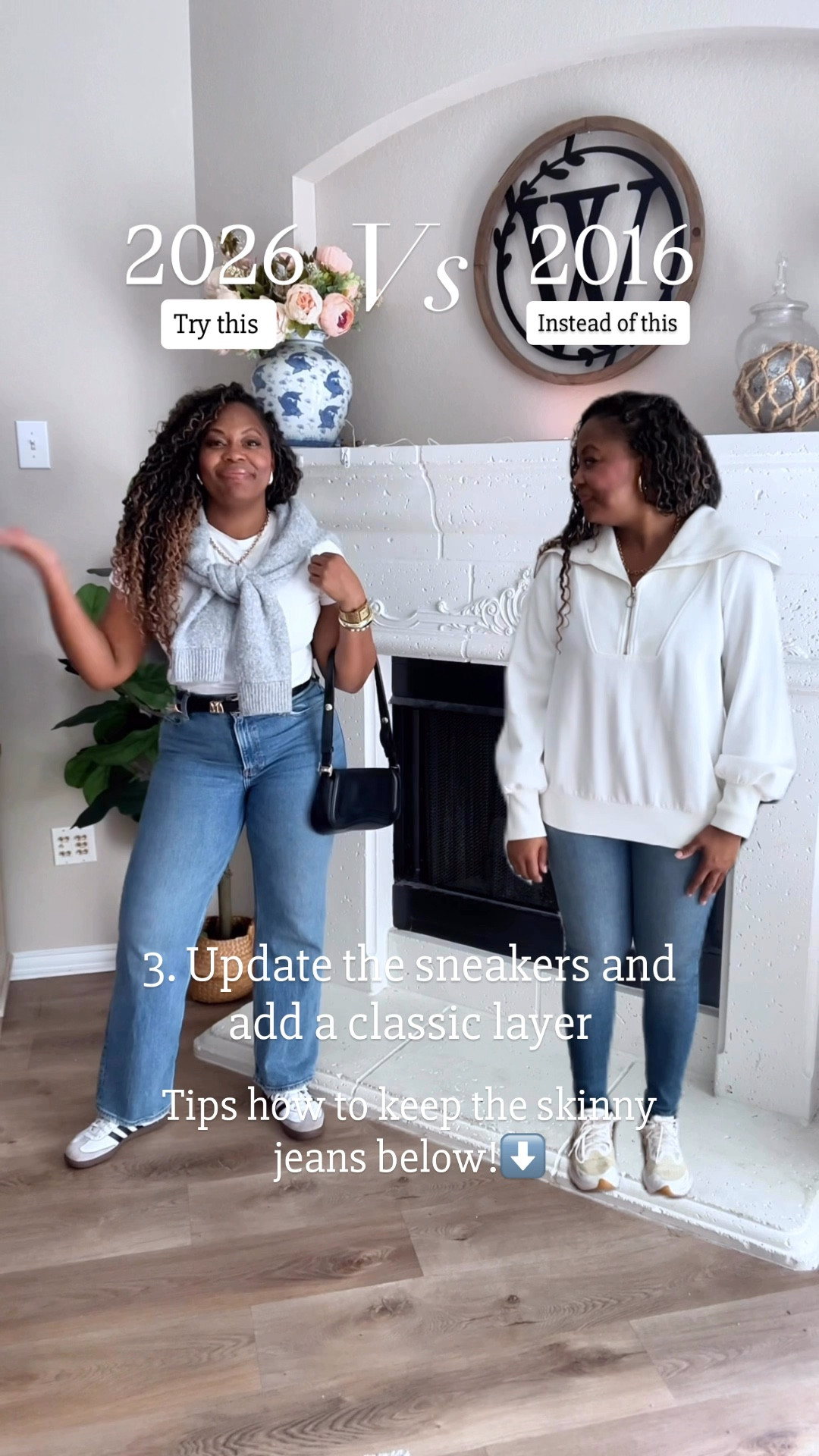 Millennial style upgrade 2016 vs 2026

✨both are cute, just a revamp option
💖Save and Follow for more!
✨and always remember to wear what makes YOU look at the feel amazing!

⚠️Tips!!:
-If you want to keep this skinny jeans, I suggest wearing a top that hits more mid thigh and is a bit more flowy and loose. Oversized button downs are a great option!

-the large flowy top with the skinny jeans is very flattering and draws attention to your bottom half without having to focus on your waist or the top half.

-I’d finish the look with a cute sandal and cute accessories👌🏽