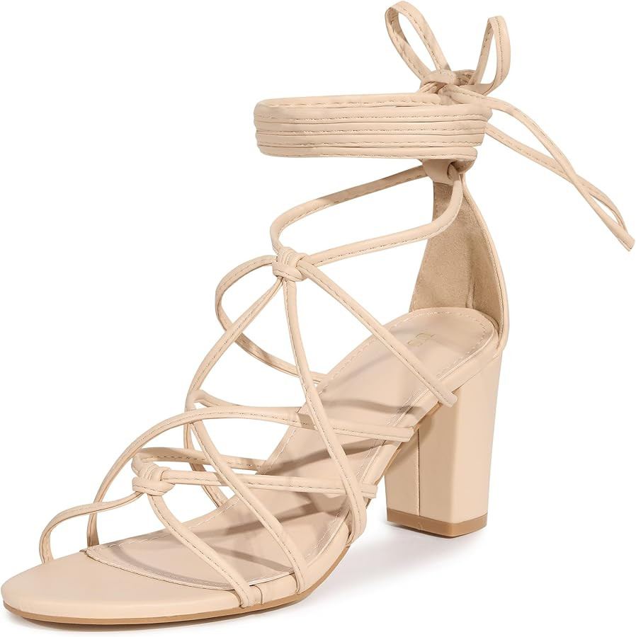 Allegra K Women's Lace Up Strappy Heel Chunky Heel Sandals | Amazon (US)